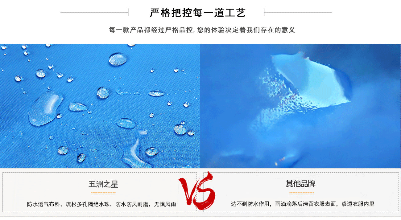 藍色外套沖鋒衣采用防水透氣面料，疏松多孔隔絕水珠，防水防風耐磨，無懼風雨