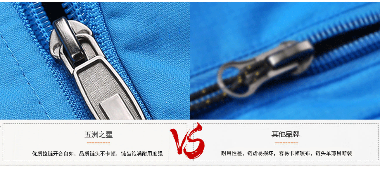 藍色外套沖鋒衣選用優質拉鏈開合自如，鏈頭不卡頓，鏈齒飽滿耐用度強