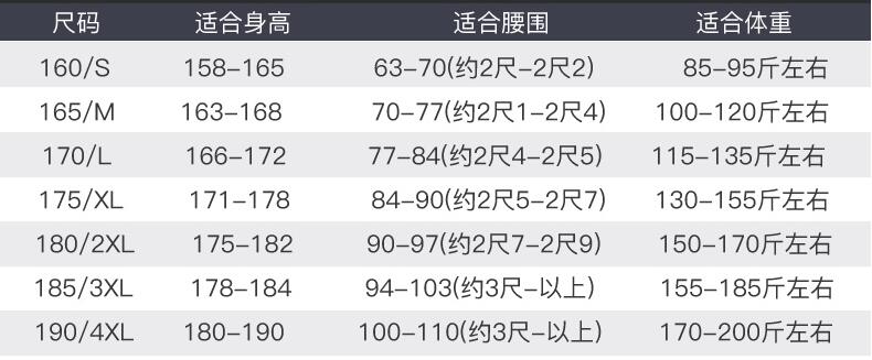 冬季棉服定制的尺碼參考表